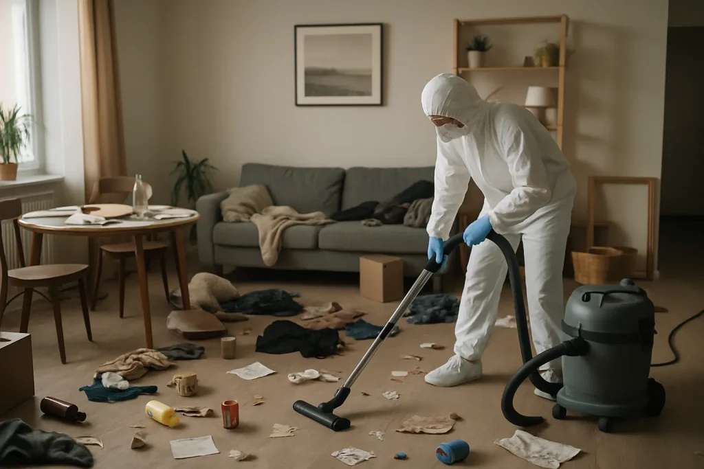 Intérieur encombré à Auray avec un professionnel en action évacuant des déchets