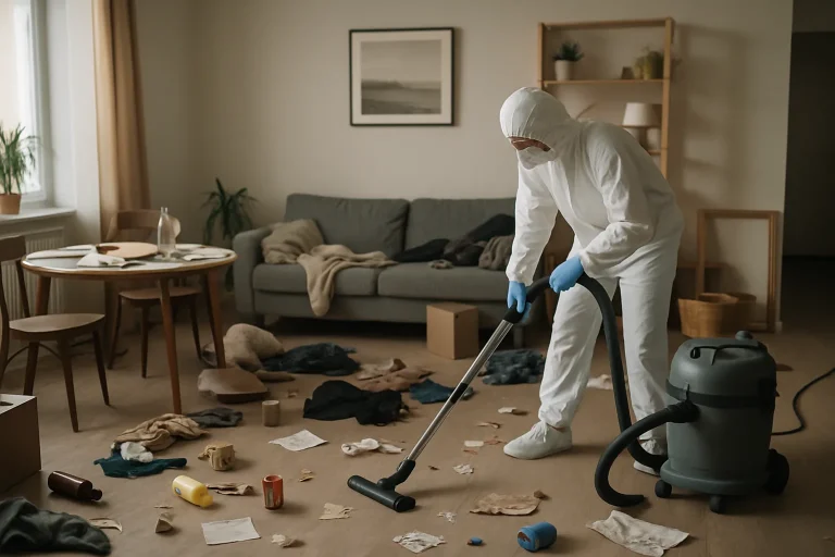 Intérieur encombré à Auray avec un professionnel en action évacuant des déchets