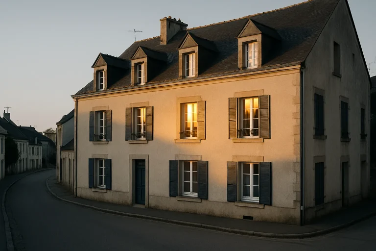 Immeuble à Auray à l'aube avec lumière douce, rue calme, ambiance matinale
