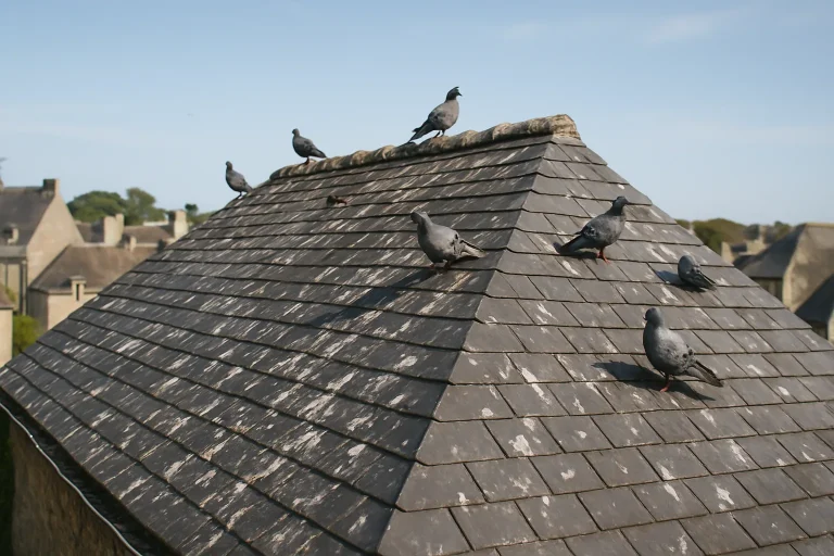 Toiture en ardoise à Auray avec fientes de pigeon visibles, pigeons perchés