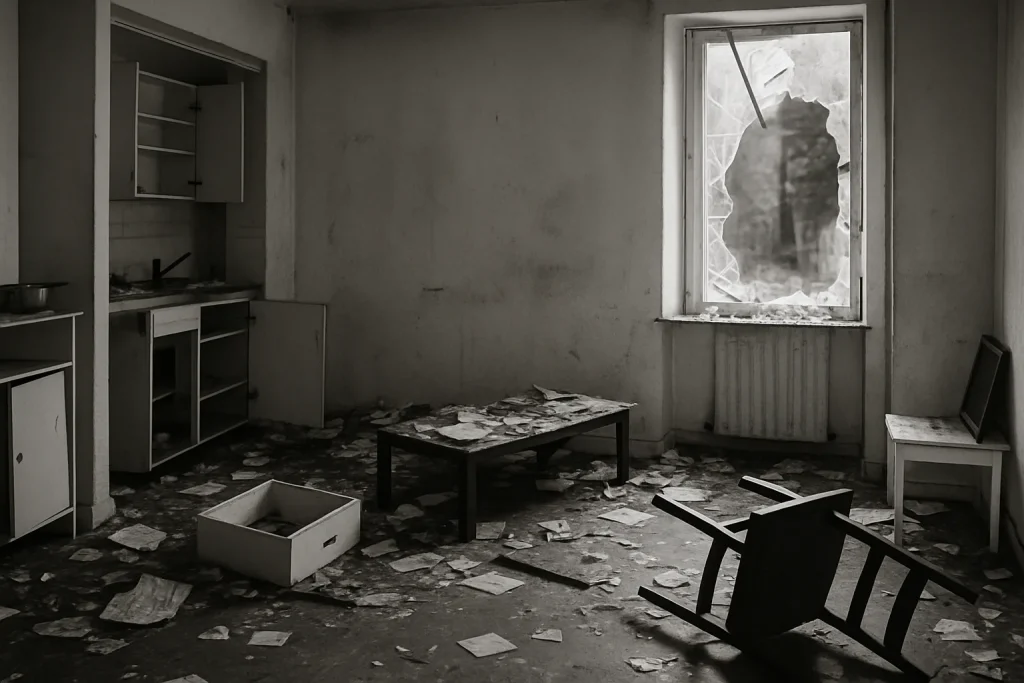 Intérieur d'un appartement à Lorient, objets dispersés, fenêtre cassée