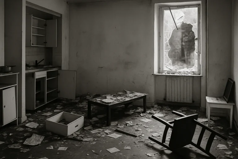 Intérieur d'un appartement à Lorient, objets dispersés, fenêtre cassée