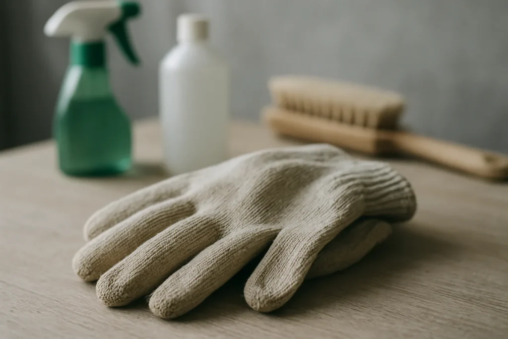 Gros plan de gants de protection sur une table, outils flous en arrière-plan