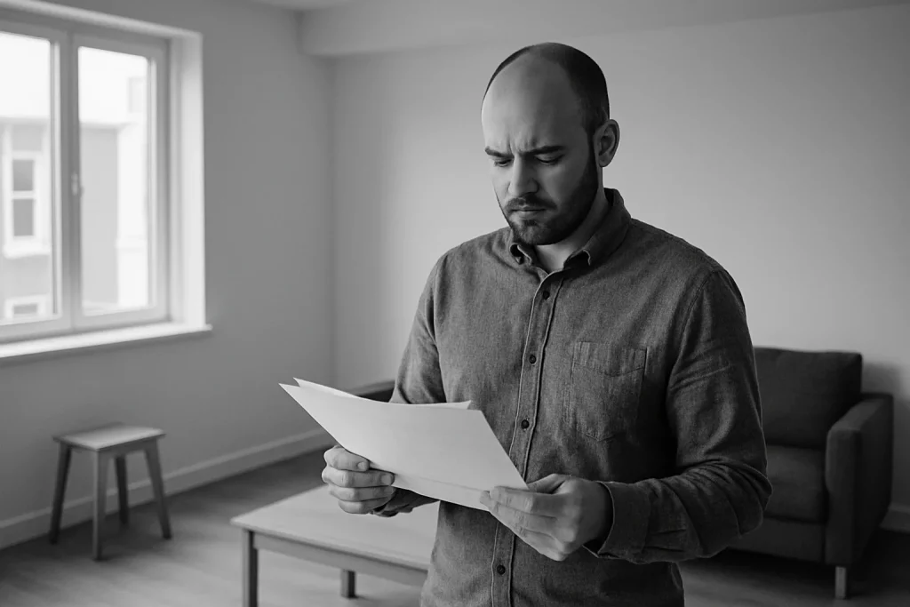 Un propriétaire tenant des documents dans un appartement vide à Auray, en noir et blanc.