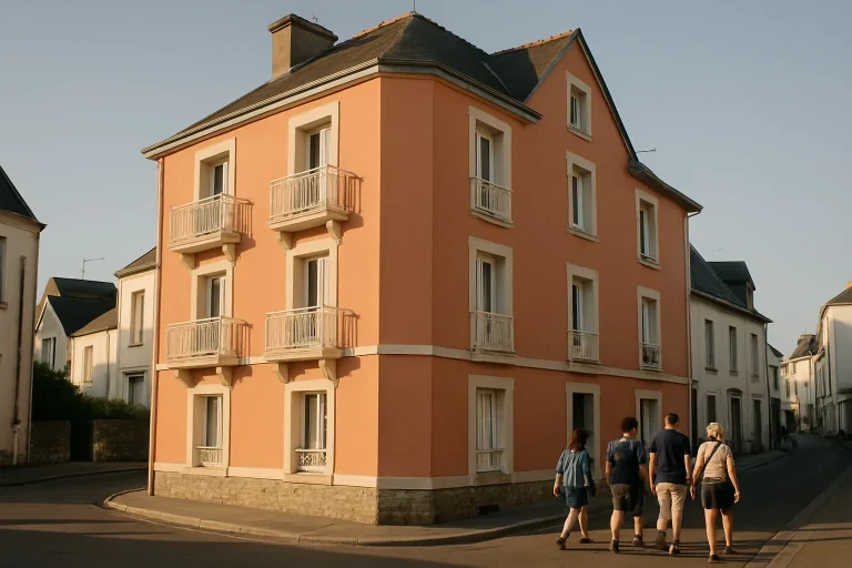 Immeuble à Quiberon avec touristes dans la rue par une après-midi ensoleillée