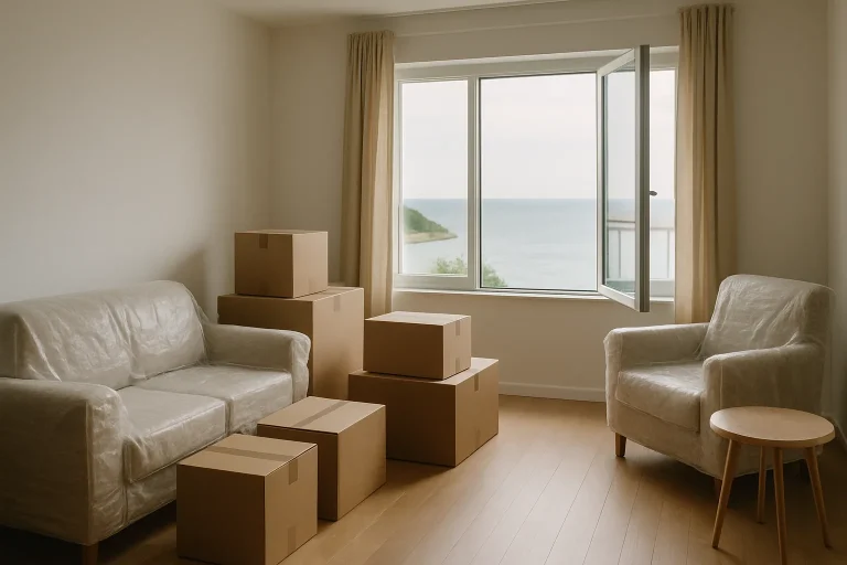 Appartement à Carnac avec cartons empilés et meubles emballés, fenêtre vue mer