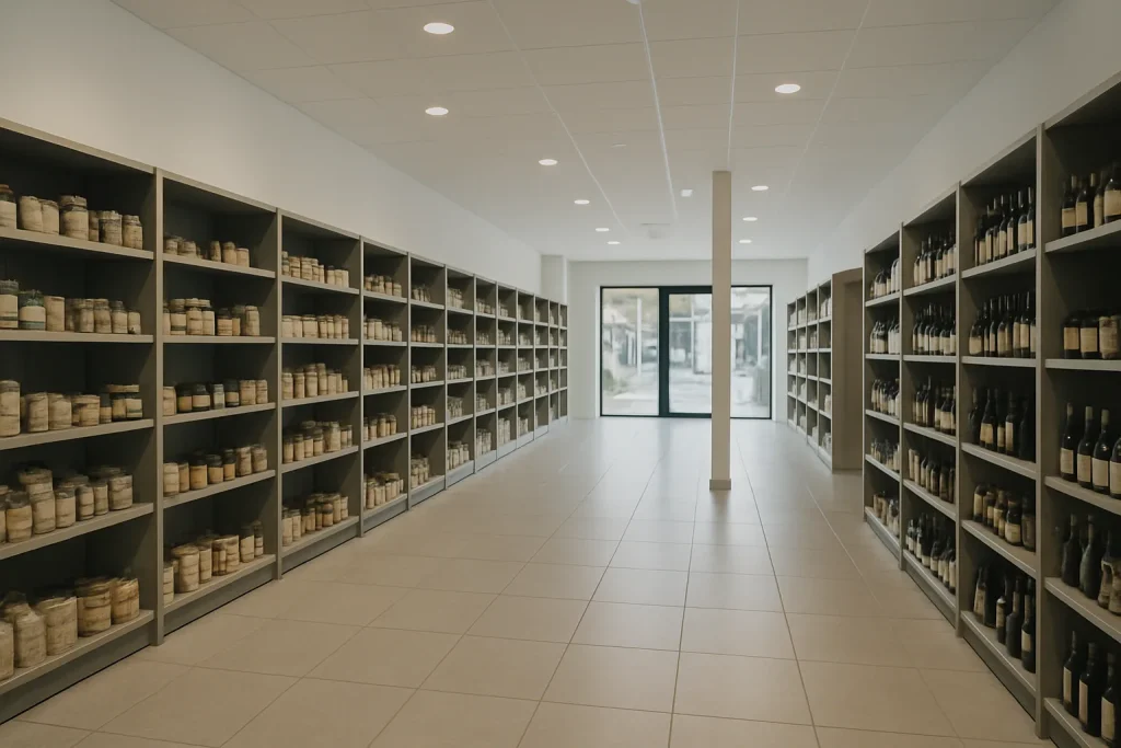 Intérieur d'un local commercial à Hennebont, étagères rangées et sol propre sous lumière du jour