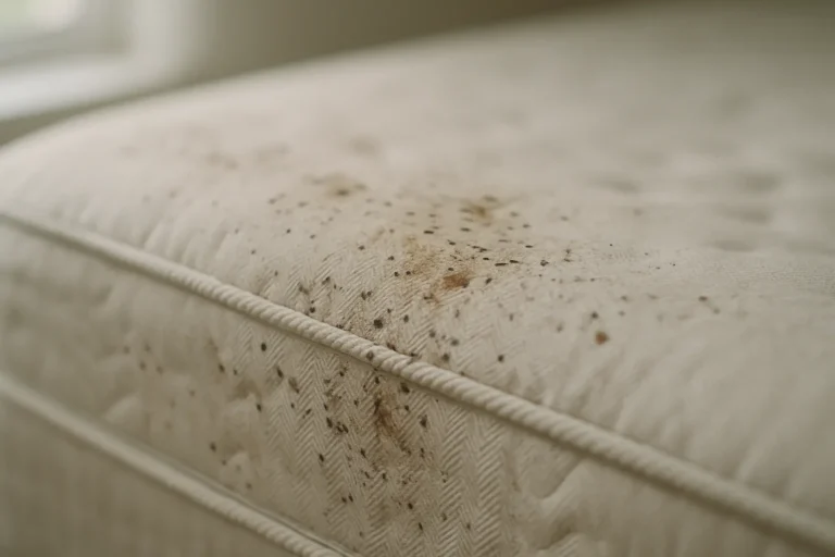 Gros plan sur un matelas montrant des traces de punaises de lit à Lanester, éclairage naturel