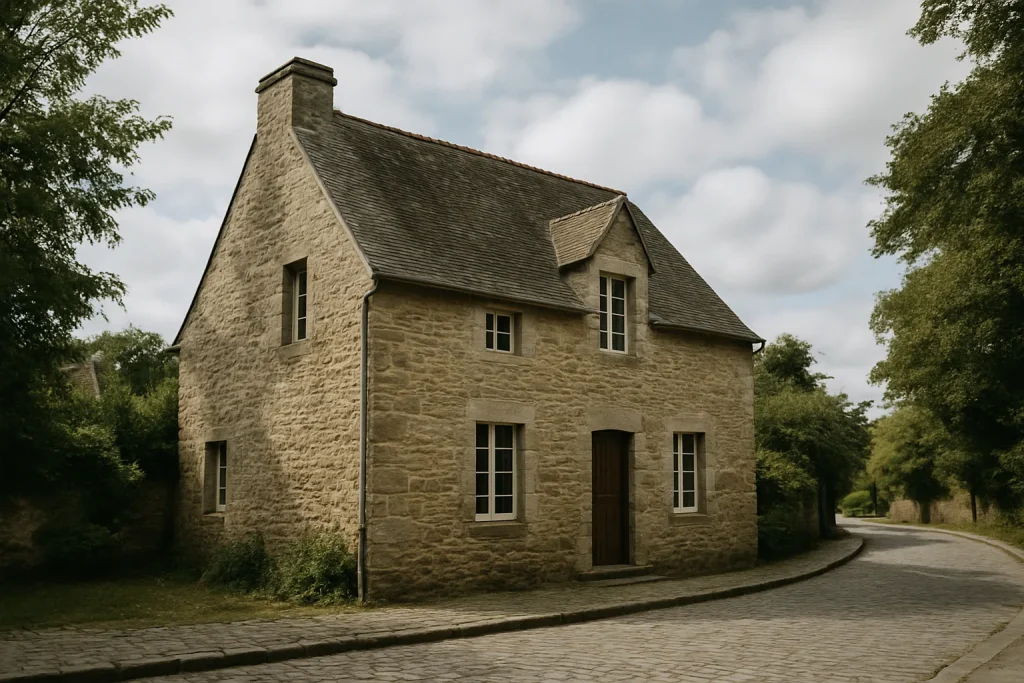 Maison ancienne en pierre à Josselin avec rue pavée, éclairée par la lumière du jour