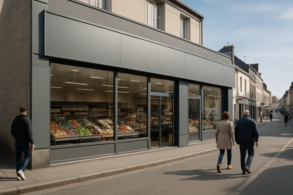 Façade d'un commerce alimentaire à Pontivy avec des vitrines modernes et une rue passante