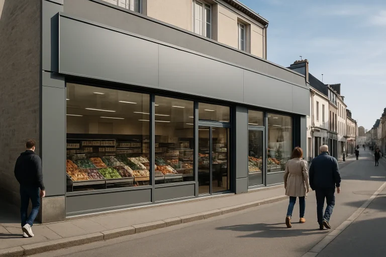 Façade d'un commerce alimentaire à Pontivy avec des vitrines modernes et une rue passante