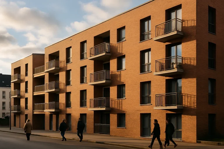 Immeuble résidentiel moderne à Vannes sous un ciel partiellement nuageux