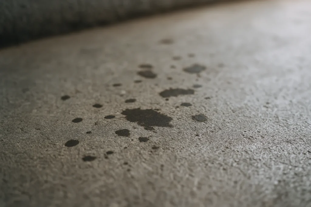 Gros plan d'un sol en béton avec taches d'urine de rats, lumière naturelle