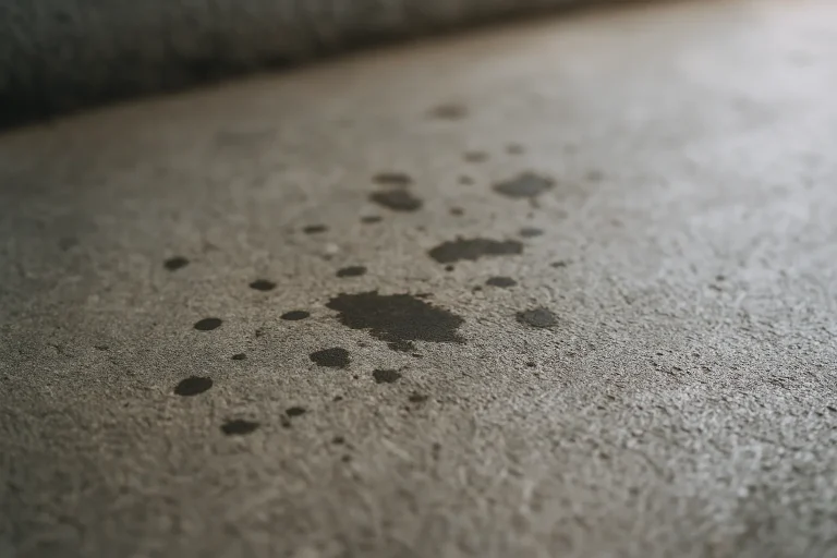 Gros plan d'un sol en béton avec taches d'urine de rats, lumière naturelle