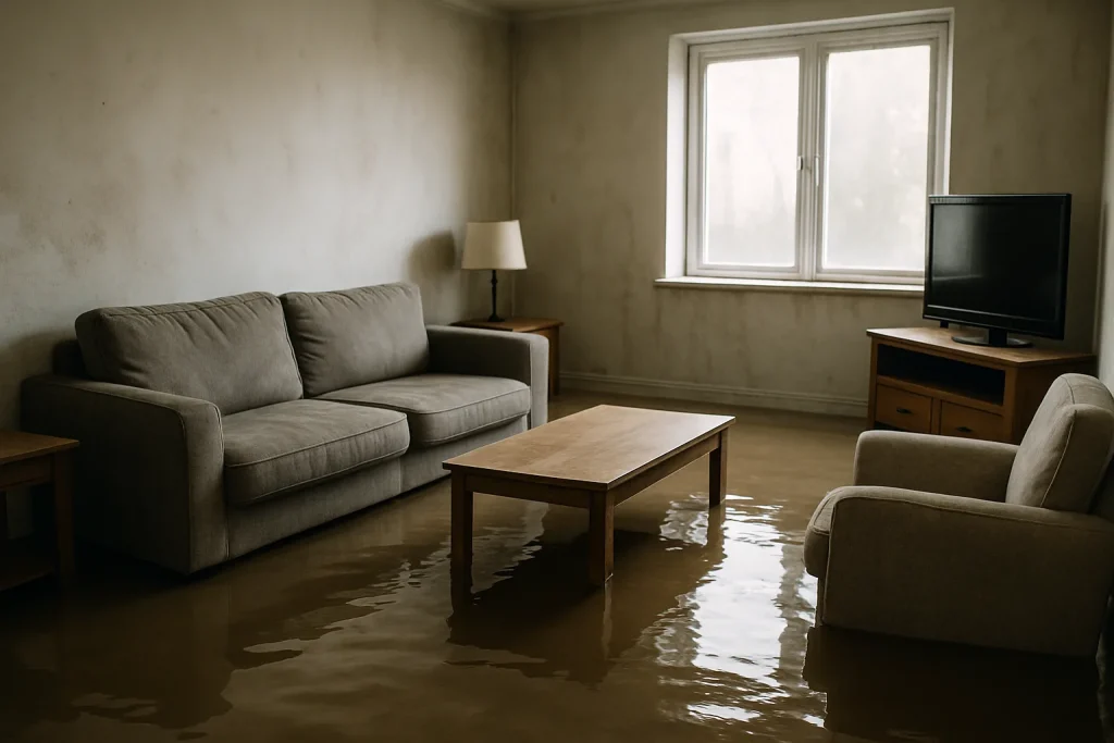 Salon inondé à Questembert avec eau stagnante et mobilier submergé