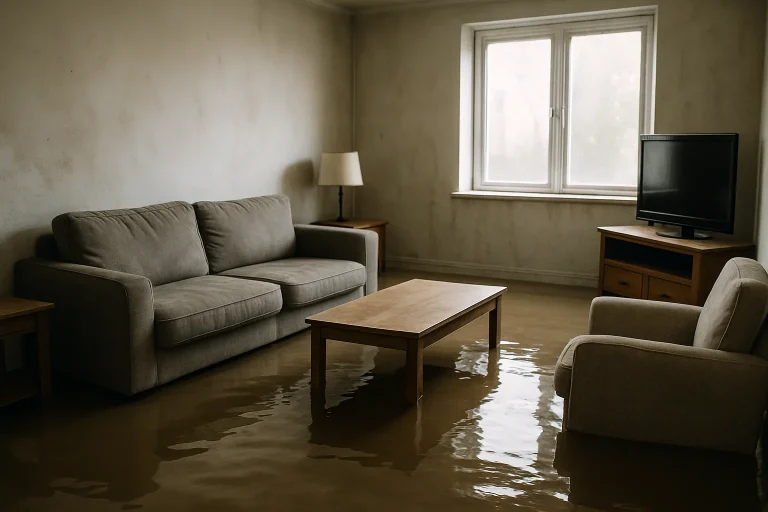 Salon inondé à Questembert avec eau stagnante et mobilier submergé