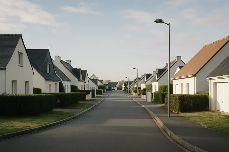 Quartier résidentiel calme à Sarzeau, maisons alignées, ciel bleu